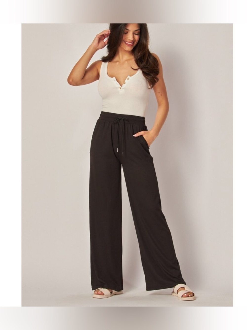 Stretchy Ribbed Drawstring Pocket Wide Leg Pants NEW - Black